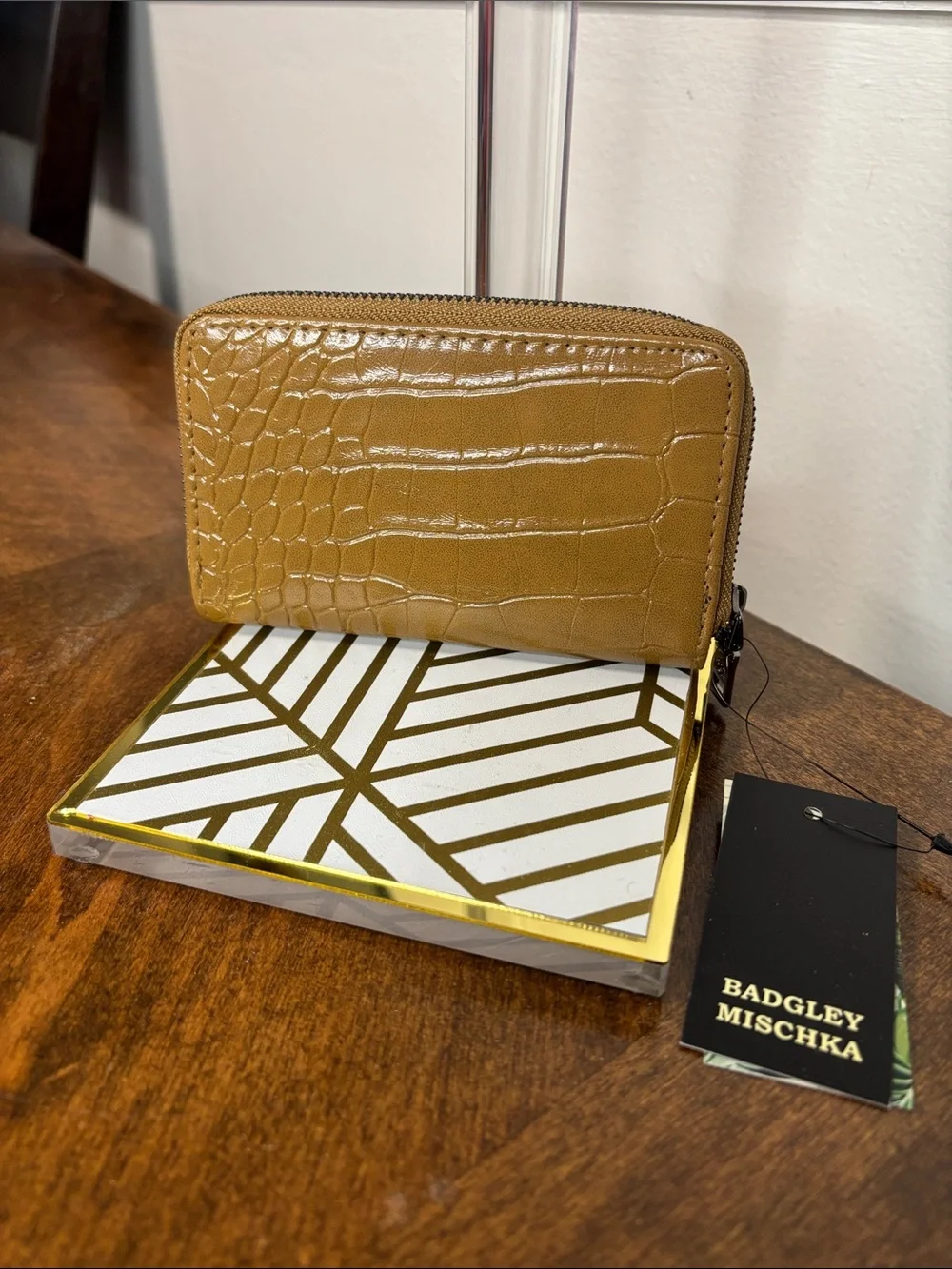 Badgley Mischka Tan Croc-Embossed Snap Card Case with Zipper Coin Compartment